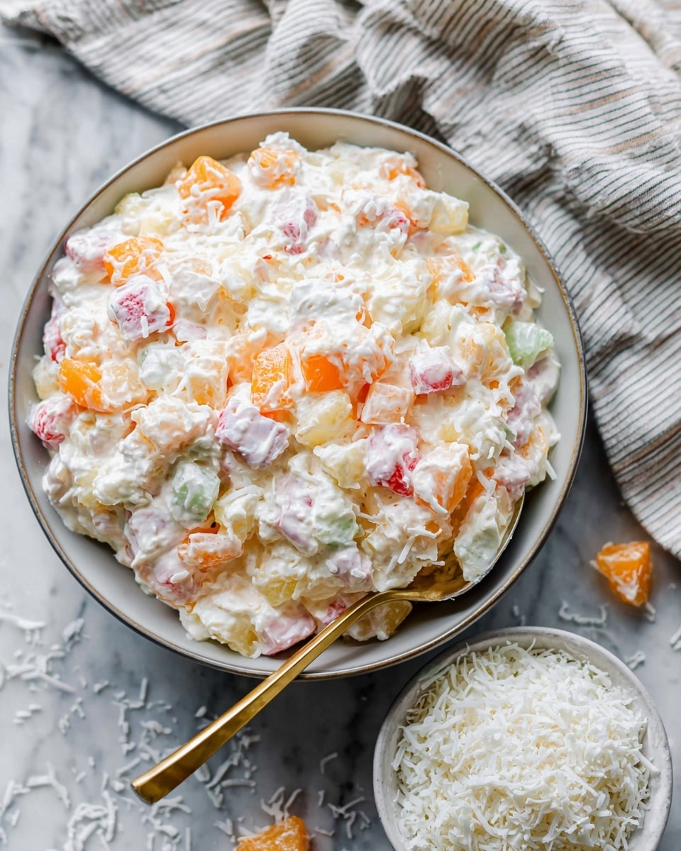 A large bowl filled with a creamy fruit salad showing about three distinct layers: a thick white whipped cream base, soft orange chunks spread throughout, and small pieces of light green and red fruits mixed inside, all giving it a fluffy, textured look. A gold spoon is placed inside the bowl, leaning on the left side. Next to the bowl, there is a small white bowl full of shredded white coconut, with some pieces scattered around on a white marbled surface. A striped fabric in light colors is partly visible in the background. photo taken with an iphone --ar 4:5 --v 7