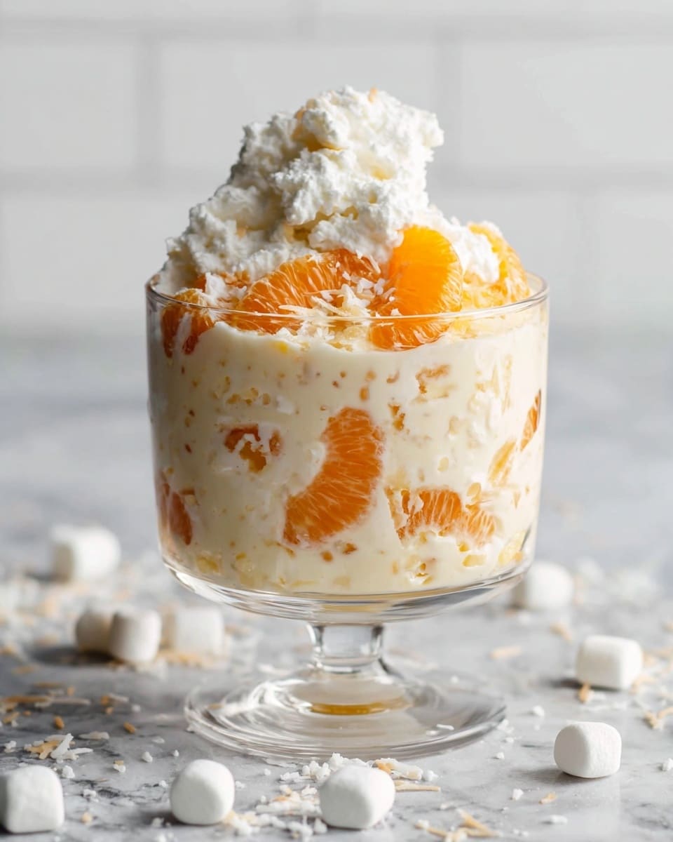 A clear glass dessert cup filled with three visible layers: at the bottom, orange mandarin slices mixed with creamy white pudding that has a slightly speckled texture; the middle layer continues the creamy pudding with embedded mandarin pieces; the top layer is a thick, rough-textured dollop of white whipped cream with a few mandarin pieces peeking through. The glass is placed on a white marbled surface scattered with small white marshmallows and shredded coconut. photo taken with an iphone --ar 4:5 --v 7