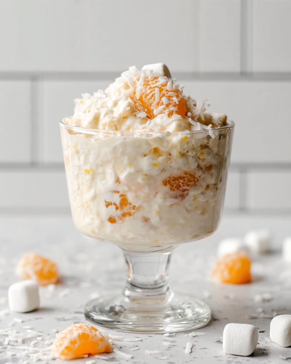 A clear glass cup on a short stem holds a creamy white dessert mixed with small pudding-like pieces and visible orange fruit segments spread throughout. The dessert is piled high inside the glass with a light and slightly chunky texture. Around the base on a white marbled surface, small white marshmallows and coconut flakes are scattered randomly. The background is made of white tiled walls giving a clean and bright look. photo taken with an iphone --ar 4:5 --v 7
