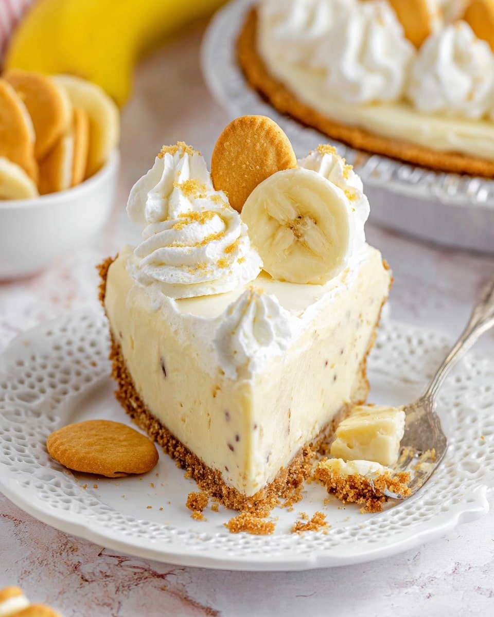 The image shows a pie with a thick, golden-brown crust on the bottom. On top of the crust is a smooth yellow filling layer. Around the edge of the pie is a ring of banana slices. On the filling, there are swirls of white whipped cream placed evenly in a circle. Each whipped cream swirl has a small golden cookie and a banana slice, alternating on top. The pie sits on a white plate with a scalloped edge, set on a white marbled surface. In the background, there is a white bowl filled with light yellow banana chips. photo taken with an iphone --ar 4:5 --v 7