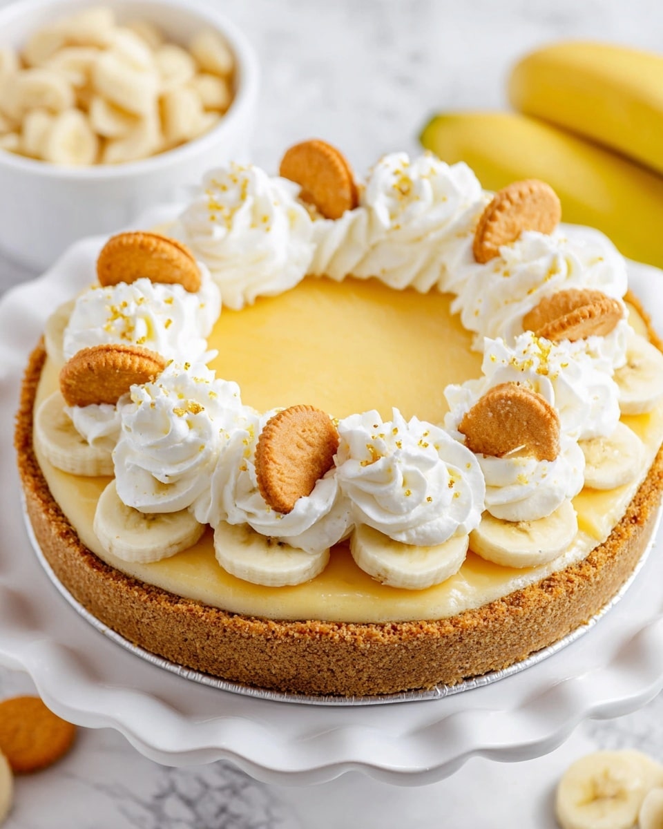 A slice of banana cream pie with three visible layers is shown on a white plate with a lace-like edge; the bottom layer is a golden brown crumb crust, the middle layer is a thick, light yellow banana-flavored cream filling with small dark specks, and the top layer is a fluffy white whipped cream decorated with swirls. On top of the whipped cream are two thin, round banana slices and two small, oval-shaped golden cookies positioned upright. A single banana slice rests on the side of the plate next to some crumbs. A silver fork is placed beside the slice, and in the soft-focused background there is more pie and a white bowl with snacks on a white marbled surface. Photo taken with an iphone --ar 4:5 --v 7