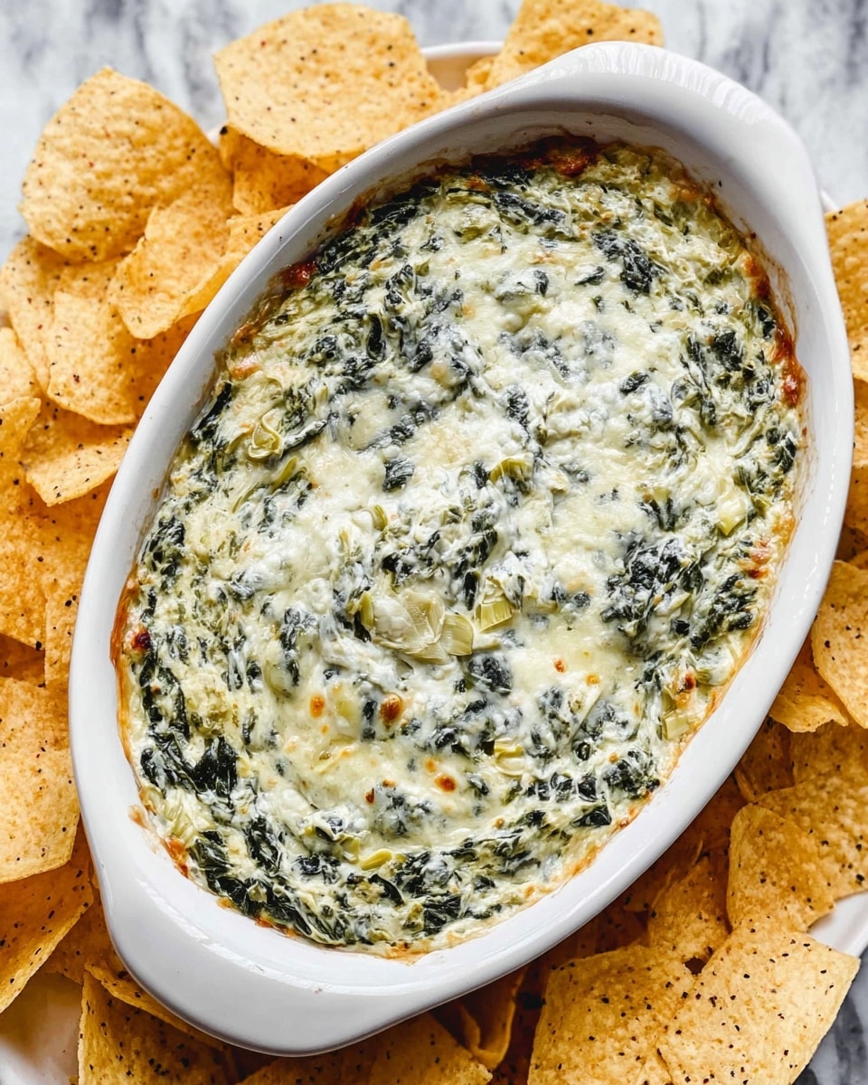 A white oval dish filled with a creamy spinach and artichoke dip that has a slightly browned, bubbly top layer showing bits of green spinach and pale artichoke hearts mixed throughout. The dip’s texture looks rich and smooth with small pockets of melted cheese, and the edges of the dish show a bit of golden browning from baking. Surrounding the dish are crispy light yellow tortilla chips with visible black specks, resting on a white marbled surface. photo taken with an iphone --ar 4:5 --v 7