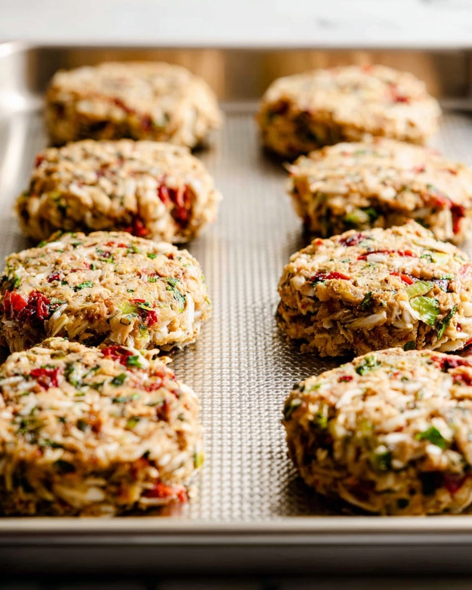 Nine round, uneven patties on a silver textured baking tray, each about two layers thick. The patties have a rough and chunky texture with colors showing white shredded pieces, red bits, and green herbs mixed throughout. The tray sits on a white marbled surface. The photo has warm lighting and soft focus in the background. Photo taken with an iphone --ar 4:5 --v 7