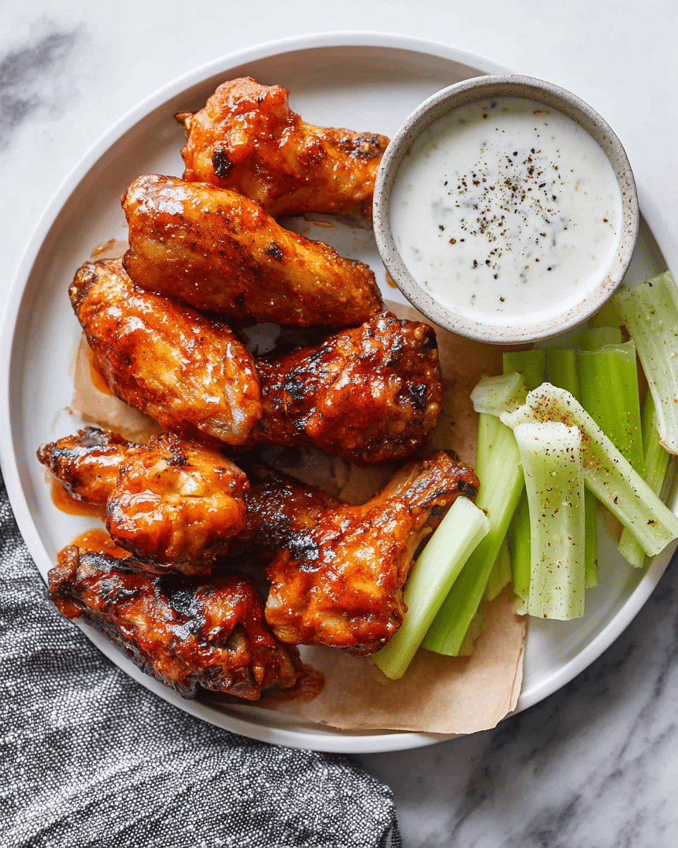 A white plate on a white marbled surface holds six pieces of glazed chicken wings with a shiny, sticky orange-red sauce and slightly charred edges, showing a mix of drumettes and flats arranged in a semi-circle. To the right side of the plate, there are four pale green celery sticks sprinkled with black pepper, next to a small white bowl filled with creamy white ranch dipping sauce topped with cracked black pepper. A piece of light brown parchment paper lies underneath the chicken wings. A grey and white striped cloth is partially visible at the bottom right edge of the image. Photo taken with an iphone --ar 4:5 --v 7