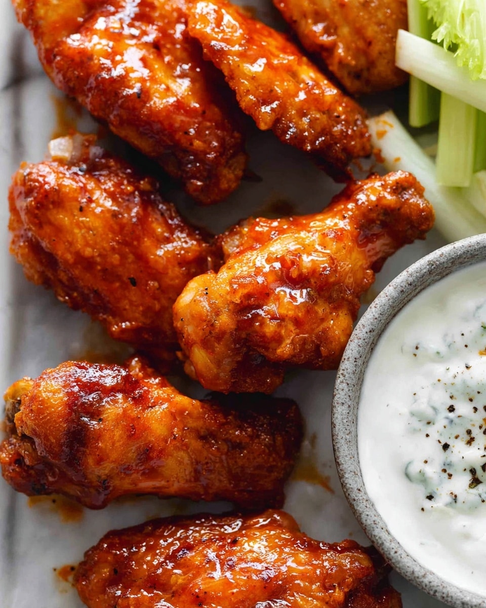 A close-up image shows five pieces of glazed chicken wings with a shiny, sticky orange-red sauce giving them a rich, crispy texture. The chicken pieces are arranged on a white plate with a slightly speckled gray sauce bowl visible on the right side, filled with a white creamy dip sprinkled with black pepper. On the top right corner, a small pile of pale green celery sticks adds a fresh contrast to the warm tones of the chicken. The white plate rests on a white marbled surface, highlighting the different textures and colors of the food. photo taken with an iphone --ar 4:5 --v 7
