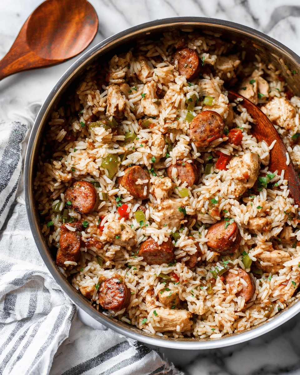 The image shows a white bowl filled with a colorful mix of cooked rice, sliced reddish-brown sausage, light brown chicken pieces, and small green celery chunks, all mixed together with visible herbs and spices. The rice is orange-tinted, likely from sauce or seasoning, and the sausage slices have a glossy, slightly crispy appearance. A golden spoon is placed inside the bowl on the left side. The bowl is set on a white marbled surface with a white and black striped cloth partially visible beneath it. In the background, there is a blurred pan holding more of the same dish. Photo taken with an iphone --ar 4:5 --v 7