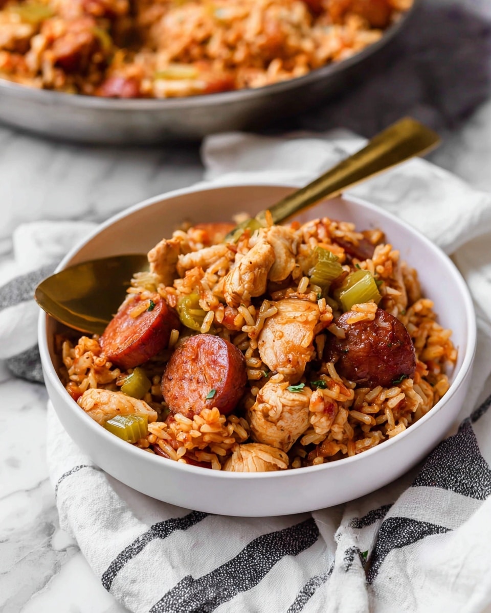 A close-up view of a silver pan filled with a cooked rice dish that has three main layers mixed together: soft white and slightly brown rice, browned round slices of sausage, and chunks of light golden brown chicken. Scattered throughout are small pieces of green celery and bits of red tomato, giving the dish a varied texture. The rice and meat are lightly coated with a sauce that makes it look moist and flavorful. The pan sits on a white marbled surface with a wooden spoon and a striped cloth nearby. photo taken with an iphone --ar 4:5 --v 7