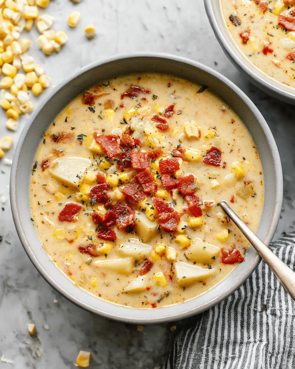 A bowl filled with creamy corn chowder featuring visible layers of yellow corn kernels, light golden broth with a smooth texture, diced white potatoes, and crispy reddish-brown bacon bits scattered on top, all mixed together. The chowder sits in a white bowl with a spoon resting inside it. The background is a white marbled surface with some corn pieces scattered around and a striped cloth at the side. photo taken with an iphone --ar 4:5 --v 7