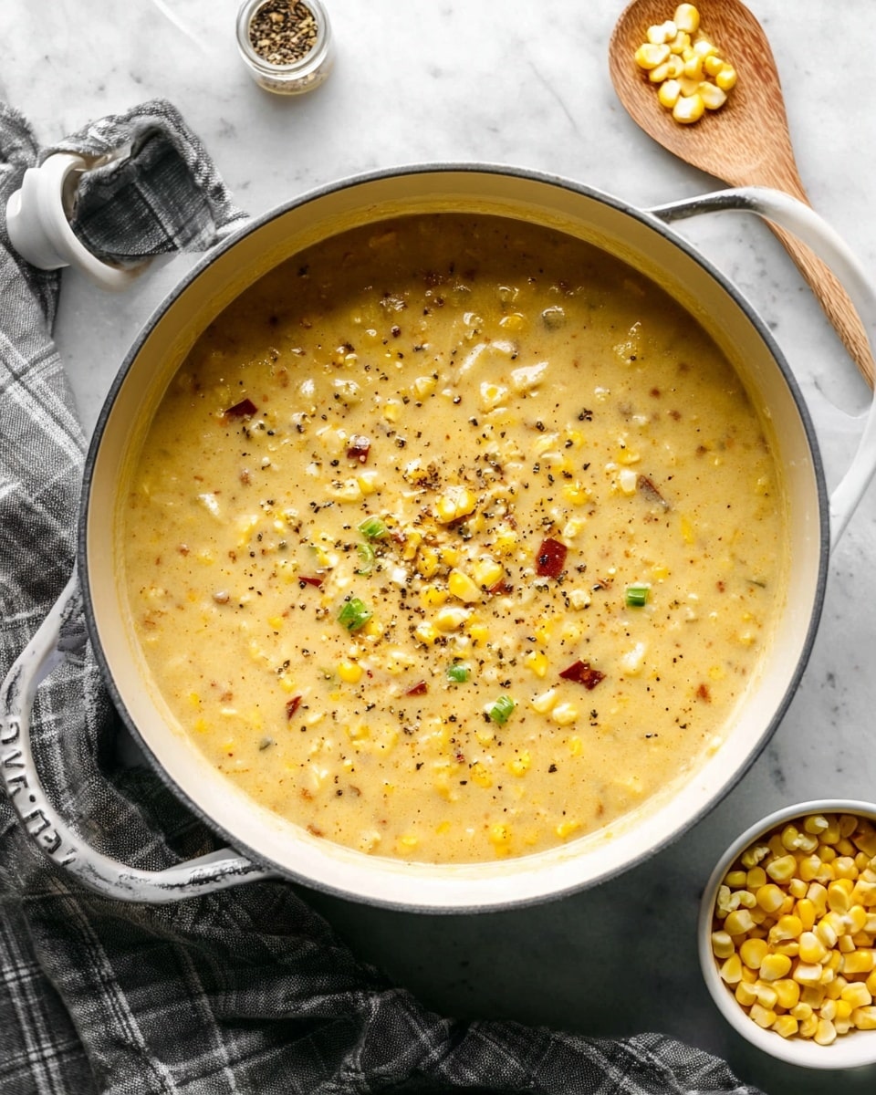 A white pot filled with creamy corn chowder that has a thick texture and a light yellow color, dotted with kernels of corn, small green pieces, and bits of red. The soup surface is sprinkled with coarse black pepper. Nearby, there is a small white bowl of fresh corn kernels and a checkered cloth, all placed on a white marbled surface. Photo taken with an iphone --ar 4:5 --v 7