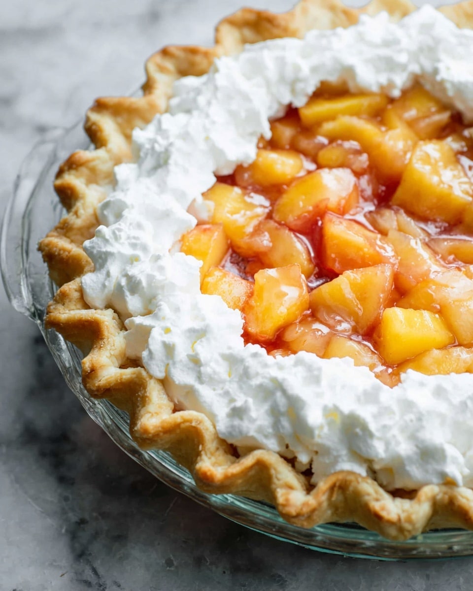 A close-up view of a fruit pie with three distinct layers. The bottom layer is a golden-brown, flaky pie crust with scalloped edges. The middle layer consists of soft, juicy diced peaches that are glossy and slightly translucent. The top layer is a thick ring of fluffy white whipped cream around the pie's edge, contrasting with the warm colors of the fruit inside. The pie is set in a clear glass pie dish, all placed on a white marbled surface. photo taken with an iphone --ar 4:5 --v 7