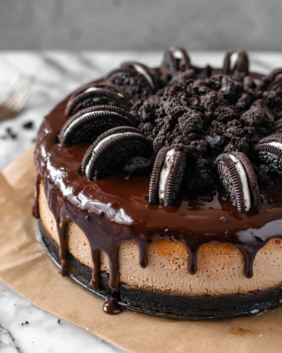 The image shows a round, three-layered chocolate cheesecake on brown parchment paper over a white marbled surface. The bottom layer is a dark chocolate crust, the middle layer is a light brown creamy cheesecake, and the top layer is a thick, shiny dark chocolate ganache that drips down the sides. Half Oreo cookies are spaced evenly along the edge on top of the ganache, and crushed Oreo pieces are piled in the center. Photo taken with an iphone --ar 4:5 --v 7