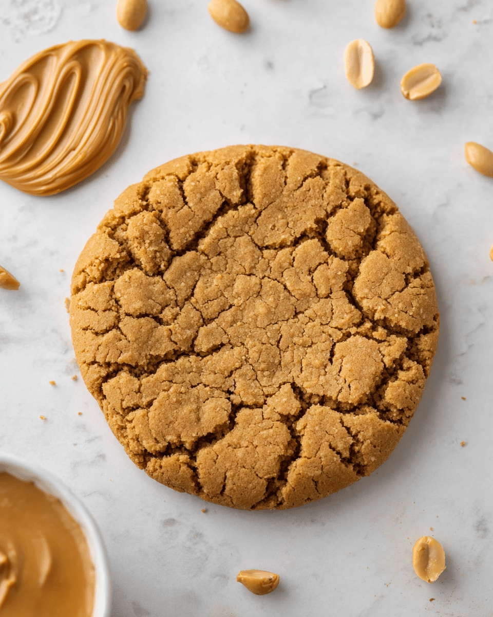 A single large peanut butter cookie with a cracked, golden-brown surface fills the center of the image, showing a rough, crumbly texture. At the top left, there is a dollop of smooth, creamy peanut butter with swirls spreading slightly onto the white marbled surface. Around the cookie, a few whole peanuts are scattered casually. At the bottom left corner, part of a white bowl filled with creamy peanut butter is visible. The overall setting is on a white marbled textured surface, giving a clean and bright look. Photo taken with an iphone --ar 4:5 --v 7