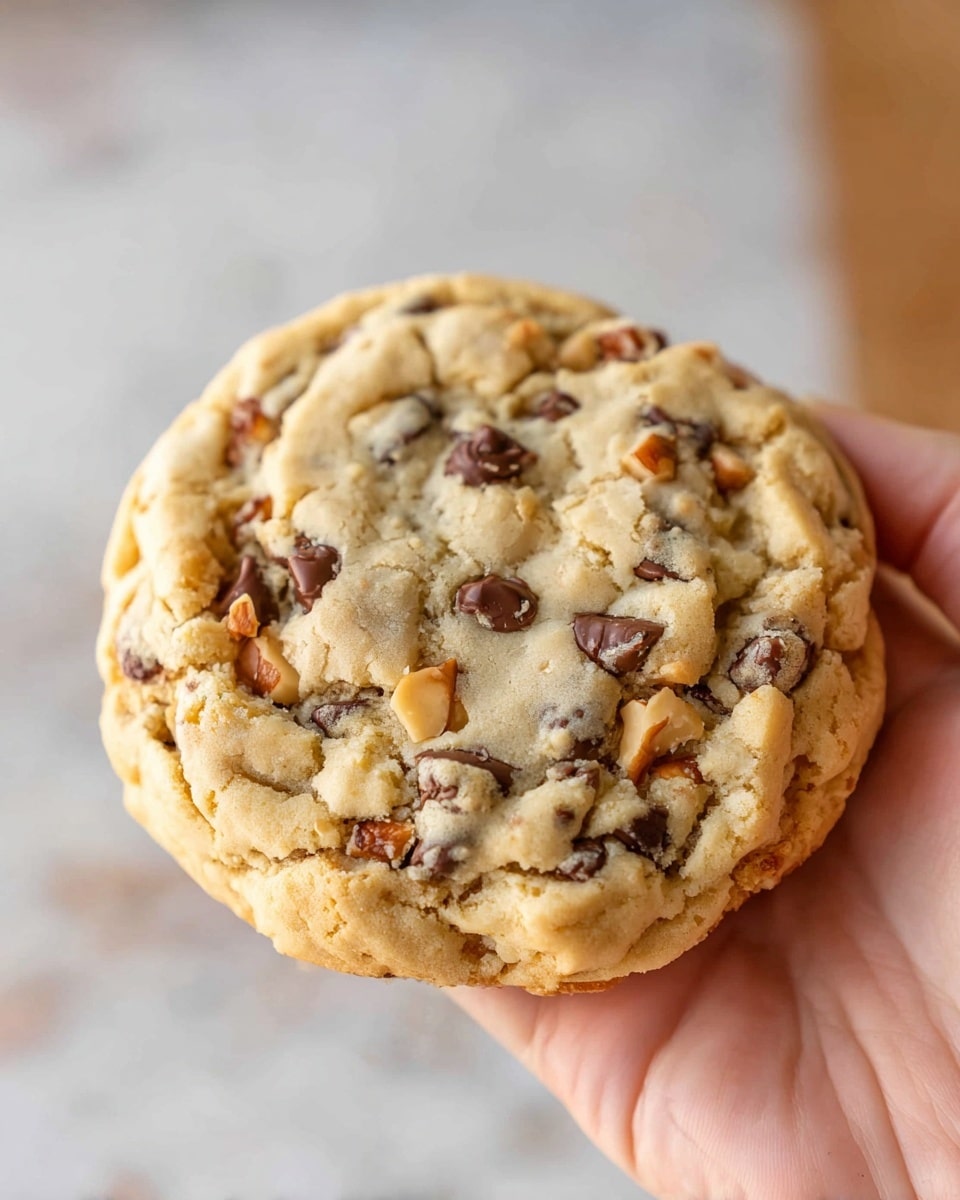 A close-up of a thick, round cookie held by a woman's hand, showing a textured surface with golden brown edges and a soft, light beige center. The cookie is dotted with dark brown chocolate chips and golden nut pieces scattered evenly throughout. The cookie's top layer is slightly cracked, exposing a chewy, dense inside. The background is a soft, blurred white marbled texture with hints of warm beige underneath. Photo taken with an iphone --ar 4:5 --v 7