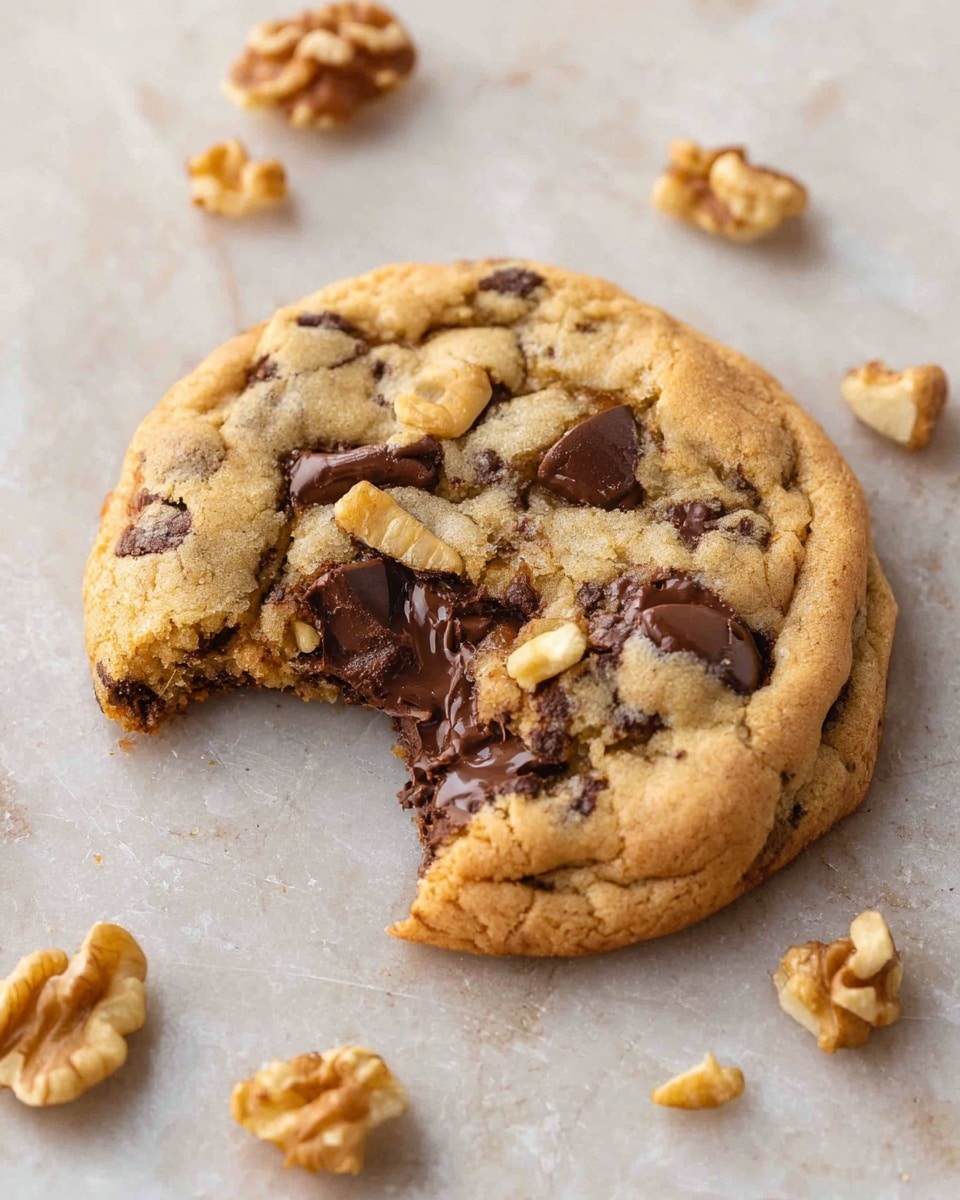 A thick, round chocolate chip cookie with a golden-brown baked surface is shown close up on a white marbled texture. The cookie is soft and slightly cracked with visible chunks of dark chocolate and pieces of walnut mixed in. One part of the cookie has a bite taken out, revealing a gooey, melted chocolate center with a chewy crumb inside. Around the cookie, there are whole and broken walnut pieces scattered casually. The lighting highlights the texture and warm color of the cookie clearly. photo taken with an iphone --ar 4:5 --v 7