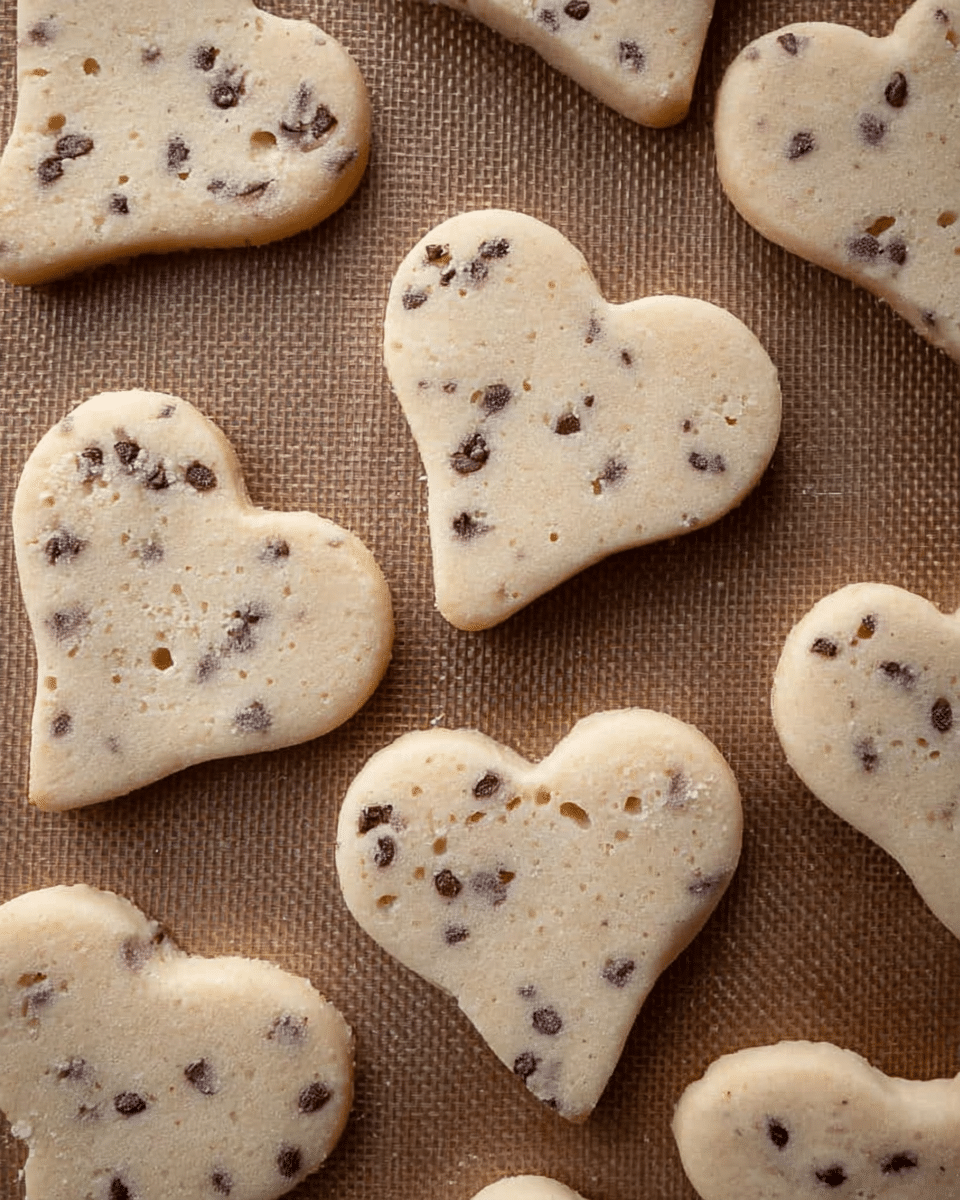 The image shows a close-up of a heart-shaped, three-layer cookie stack on a textured baking mat with a white marbled texture underneath. Each cookie layer is light beige with small dark chocolate chips scattered throughout. The top cookie is heart-shaped with a soft, smooth surface dotted with chocolate bits, while the middle and bottom layers are the same shape and color, clearly visible through the slight gap between them. In the blurred background, broken cookie pieces with the same color and texture are scattered around, all on the white marbled texture surface. photo taken with an iphone --ar 4:5 --v 7