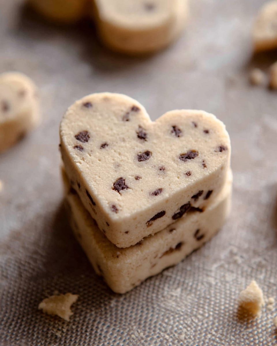 The image shows several heart-shaped cookies scattered on a brown textured baking mat. Each cookie is pale beige with small dark chocolate chips embedded throughout, giving a speckled look. The cookies have smooth surfaces with slightly rounded edges, and some have tiny baked spots adding variation to the light color. The background is a soft brown mesh that contrasts gently with the lighter color of the cookies. photo taken with an iphone --ar 4:5 --v 7