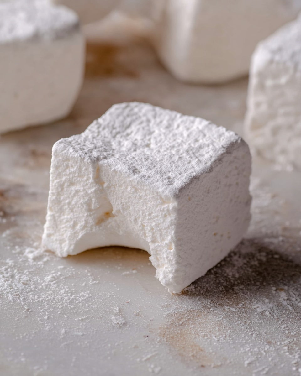 A close-up of a single white marshmallow with a fluffy, soft texture and a slight dusting of powdered sugar on its surface, placed on a white marbled textured surface. The marshmallow square has slightly rounded edges and a bite taken out of one corner, showing its airy and spongy inside. The background is softly blurred with other marshmallows faintly visible. photo taken with an iphone --ar 4:5 --v 7