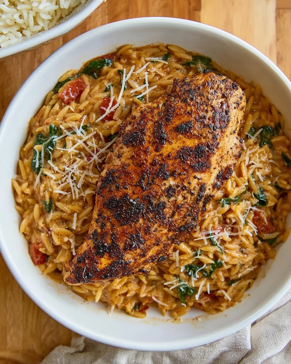 The image shows a white bowl filled with a creamy orzo dish that has a rich golden brown color mixed with small pieces of greens and bits of red, likely tomato; this orzo layer is spread evenly to cover the bottom of the bowl. On top, a large piece of grilled chicken breast with a well-charred and pepper-speckled surface sits in the center, covering most of the orzo. Some grated cheese is lightly sprinkled over the chicken and orzo, adding a thin white contrast. The bowl is placed on a light wooden surface with a folded cloth underneath to one side, and part of another dish with white rice is visible at the top corner of the image. photo taken with an iphone --ar 4:5 --v 7