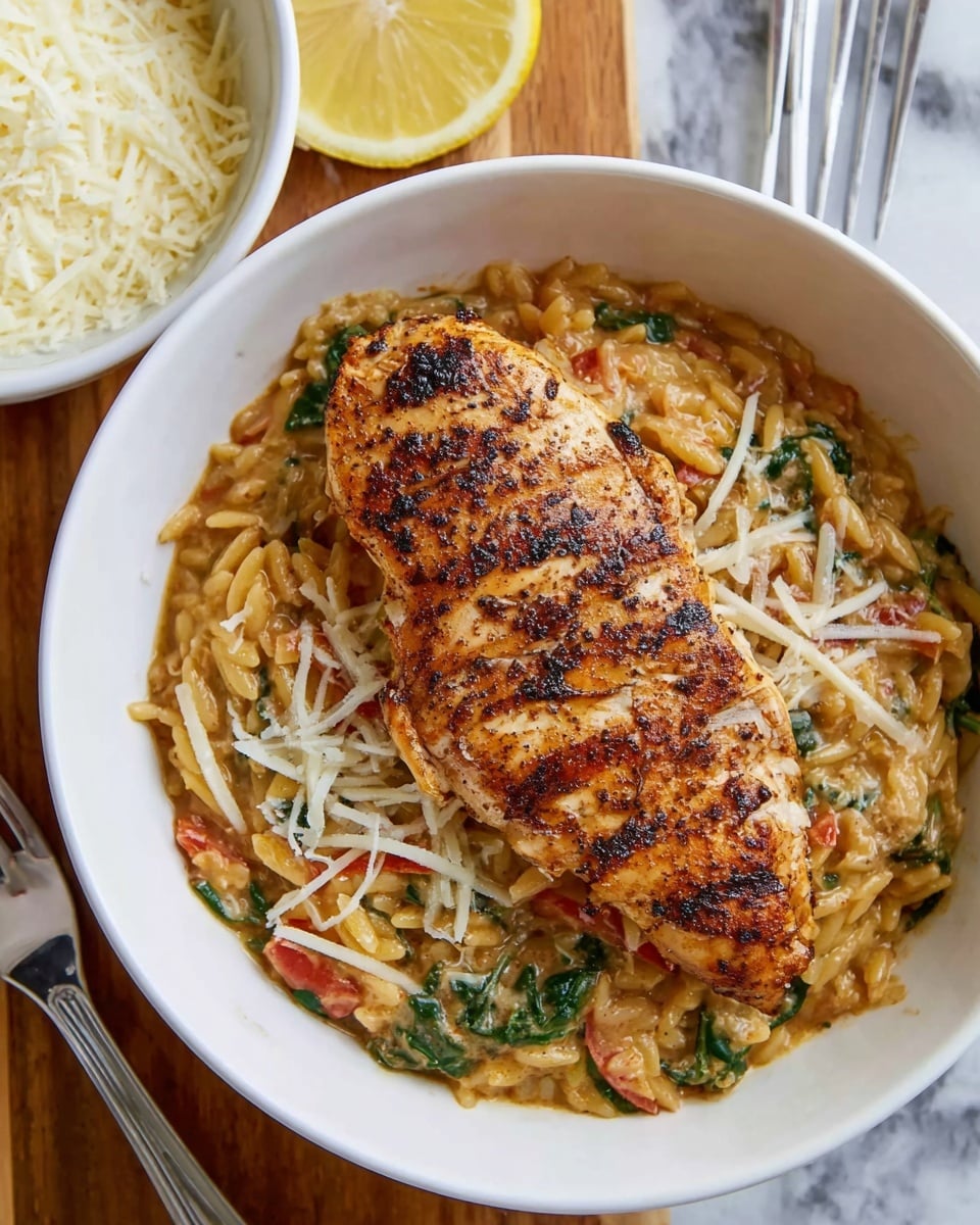 A white bowl holds a dish with two main layers: the bottom layer is creamy, brownish orzo mixed with bits of green spinach and small red tomato pieces, showing a moist, rich texture. On top rests a thick piece of grilled chicken breast, golden brown with clear grill marks and a slightly crispy surface, sprinkled lightly with shredded white cheese. In the background, a white bowl of grated white cheese and a silver fork and knife on a wooden surface with a white marbled texture are visible, with a lemon slice at the bowl's edge. Photo taken with an iphone --ar 4:5 --v 7