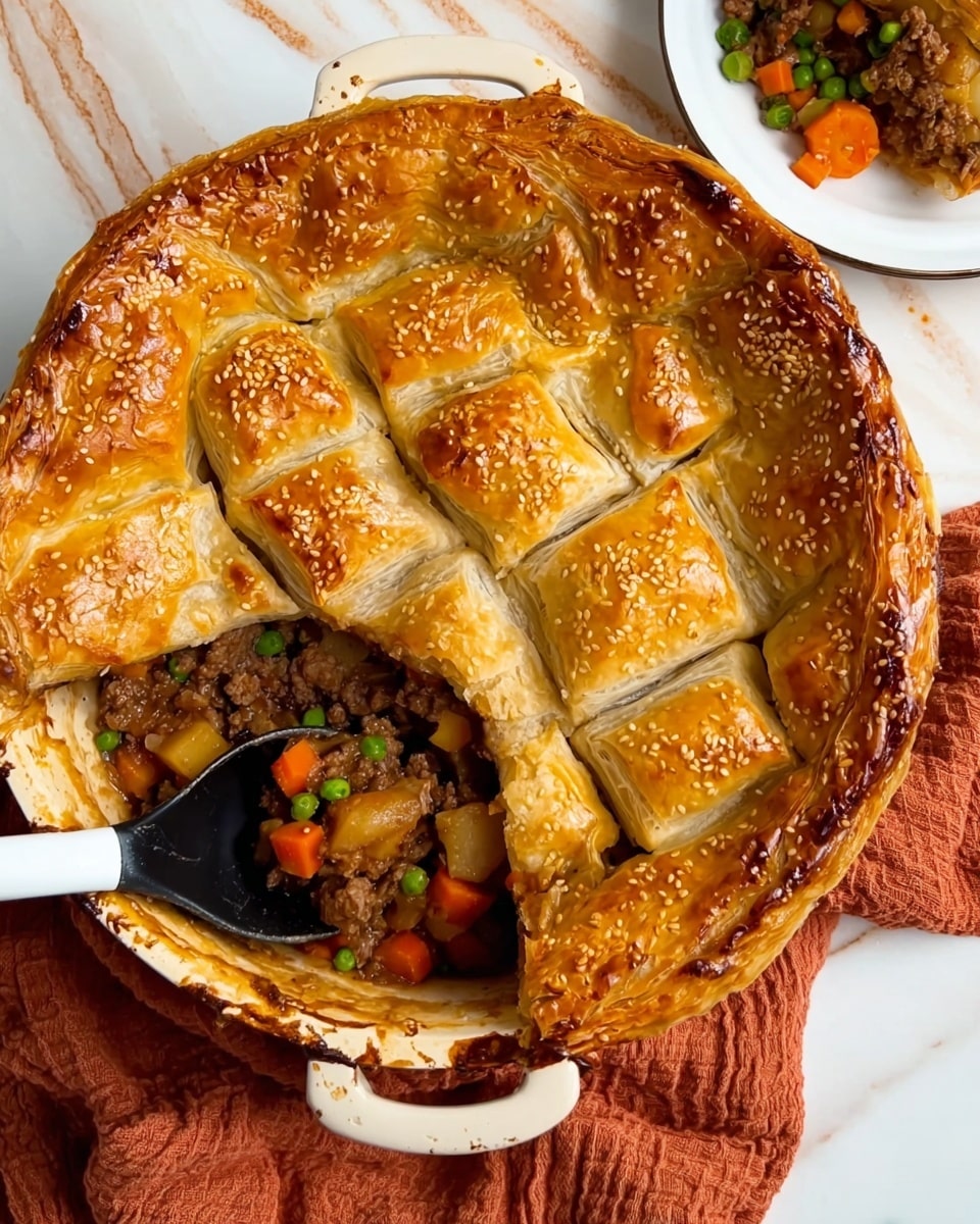 A round white ceramic pot with two handles holds a golden brown pie crust on top, made of overlapping square pieces of dough sprinkled with sesame seeds. The crust is shiny and baked to a crisp, with some edges slightly darker. A black ladle with a white handle is scooping out the filling, showing a thick mix of cooked ground meat, bright orange carrot chunks, green peas, and bits of yellow potato inside. A white plate nearby has a serving of the pie with the same filling visible. The background is a white marbled surface with a soft, folded rust-colored cloth beside the pot. Photo taken with an iphone --ar 4:5 --v 7