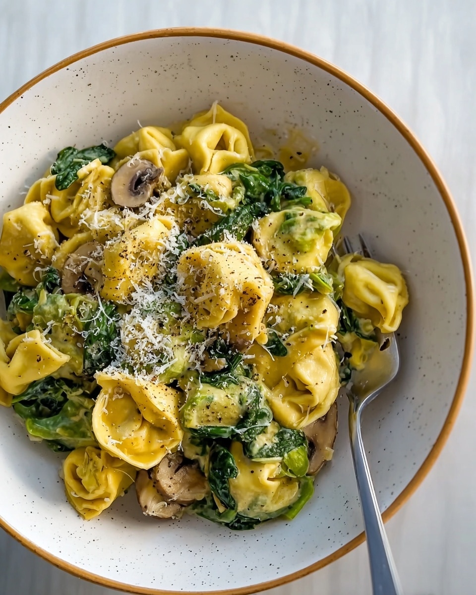 A white speckled bowl filled with two-color tortellini pasta, mostly yellow with some green pieces, mixed with sautéed dark green spinach leaves and sliced light brown mushrooms. The pasta is topped with grated white cheese and sprinkled with black pepper. The bowl sits on a matching white speckled plate on a white marbled texture. A silver fork rests between the plate and bowl. photo taken with an iphone --ar 4:5 --v 7