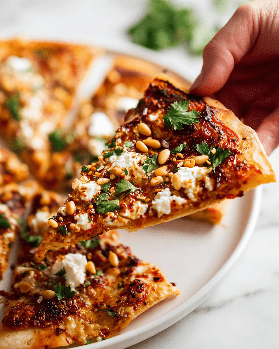 A close-up image of a thin pizza slice being lifted by a woman's hand, showing a golden-brown, slightly crispy crust on the edge, topped with a layer of melted cheese and a reddish sauce speckled with herbs and chili flakes. Small white dollops of soft cheese are scattered across the surface, with toasted pine nuts and fresh green parsley leaves adding texture and color contrast. The pizza rests on a white plate with more slices in the background, all set on a white marbled surface. photo taken with an iphone --ar 4:5 --v 7