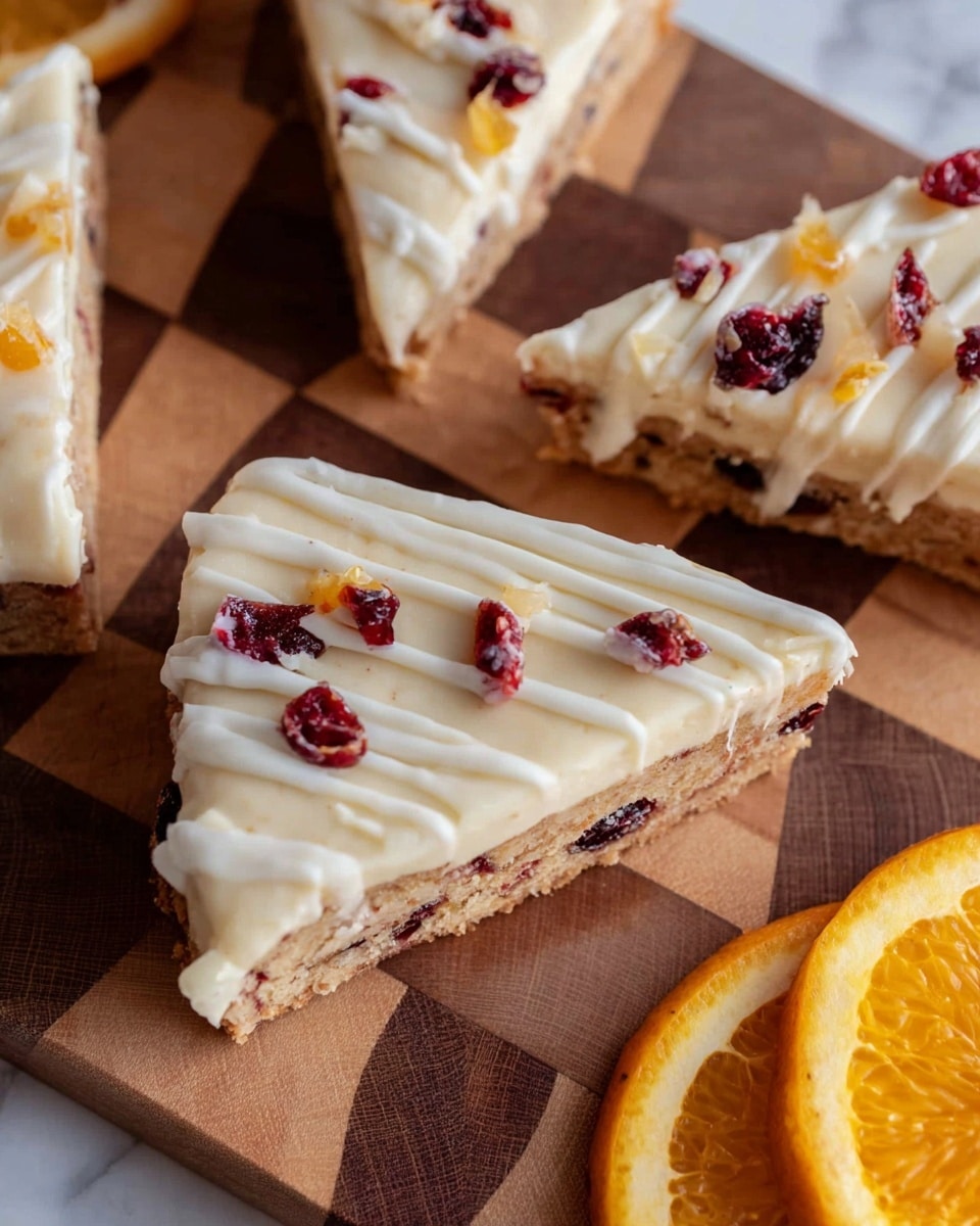 The image shows triangular slices of a dessert bar with two visible layers: a light brown bottom layer that looks soft and chewy with bits of dried cranberries inside, and a thick creamy white top layer covered with a drizzle of white icing and small pieces of dried cranberries scattered on top. The dessert slices are placed on a wooden board with a checkered pattern, and part of a bright orange slice is visible on the right side. The surface the board is on is changed to a white marbled texture. photo taken with an iphone --ar 4:5 --v 7
