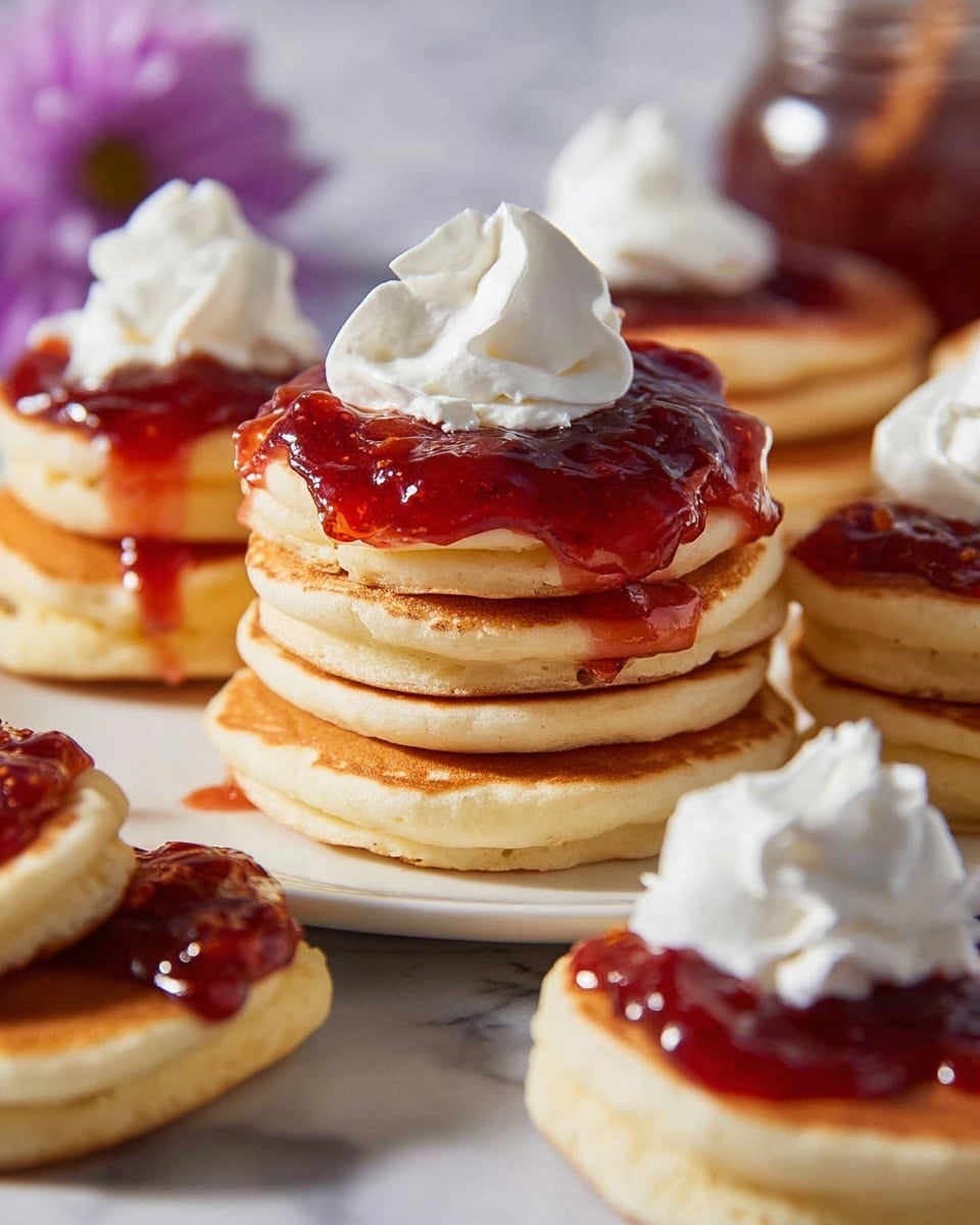 A close-up image of small, round pancakes stacked in layers on a white marbled surface, with a shiny, deep red jelly spread thickly over the top pancake layer. A dollop of smooth, creamy white whipped cream rests on the jelly, slightly spilling over the edges. A woman's hand is holding the top pancake with jelly and cream, lifting it up, showing the jelly dripping down the side into the stack below. The pancakes have a light golden brown color with soft, smooth textures. Photo taken with an iphone --ar 4:5 --v 7