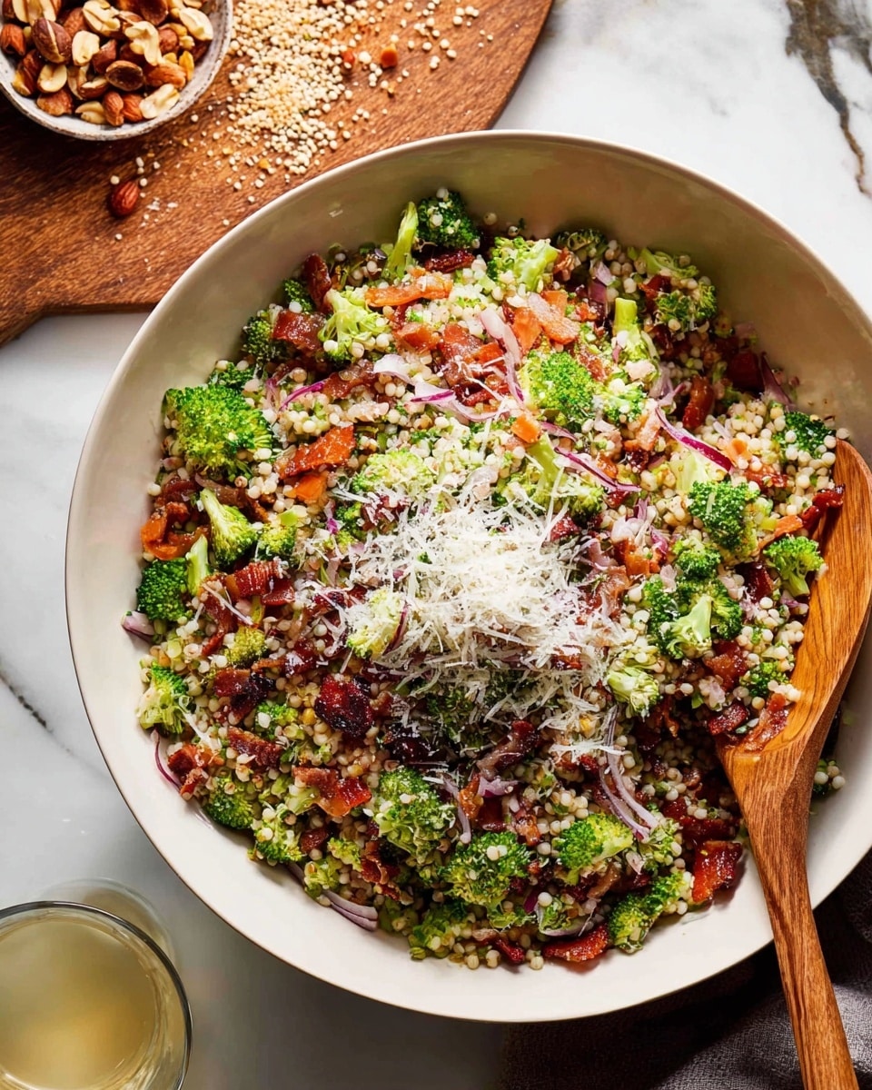 A large white bowl filled with a colorful mixed salad with many layers: the base layer is small, round, pale grains; scattered on top are bright green small broccoli pieces and chopped orange-brown nuts; there are also bits of dark red bacon and thin slices of purple onion spread throughout. On top, a mound of finely grated white cheese adds a soft texture. A wooden spoon rests inside the bowl, partially buried in the salad. The bowl sits on a white marbled surface with a wooden board holding crushed nuts and a clear glass with a pale yellow drink nearby. Photo taken with an iphone --ar 4:5 --v 7
