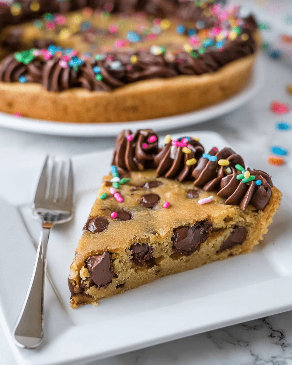 A thick, golden brown cookie cake cut into slices is shown with one slice being lifted by a metal spatula. The cookie cake has semi-sweet chocolate chips scattered on top and visible inside, giving a soft and chewy texture. Around the edge is a thick layer of dark chocolate frosting piped in swirls, decorated with small, colorful round and rod-shaped sprinkles. The cake sits on a white plate placed on a white marbled surface. photo taken with an iphone --ar 4:5 --v 7
