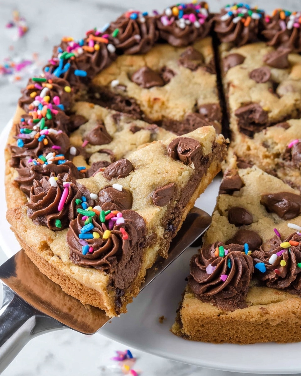 A single slice of golden brown chocolate chip cookie pie sits on a white square plate, showing one thick layer studded with melted dark chocolate chips throughout. The top edge of the slice is decorated with a thick, wavy layer of dark chocolate frosting, sprinkled with small colorful candy sprinkles in pink, green, yellow, blue, and purple. In the background, the rest of the pie is visible on a white plate with matching frosting and sprinkles along the outer edge. The whole scene is set on a white marbled surface with a silver fork resting next to the plate. Photo taken with an iphone --ar 4:5 --v 7