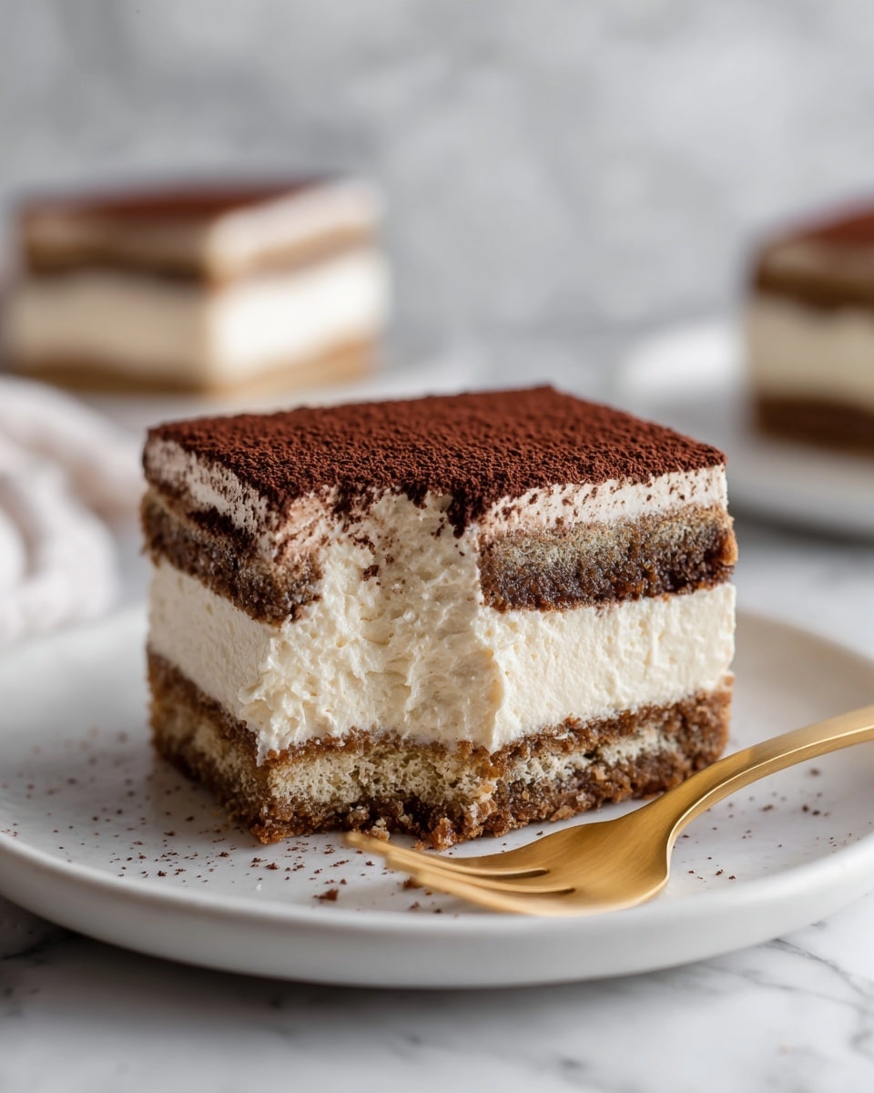 A creamy dessert slice with three visible layers sits on a white plate with a soft focus on the background. The bottom layer is a light brown soaked cake or cookie layer with a moist texture. Above that is a thick, smooth, pale beige cream layer, creating a soft, velvety look. The top layer is a dusting of fine dark brown cocoa powder, giving a powdery texture. A gold fork is gently cutting into the dessert, showing the creamy inside mixing with the soaked layer. The background is a white marbled texture. photo taken with an iphone --ar 4:5 --v 7