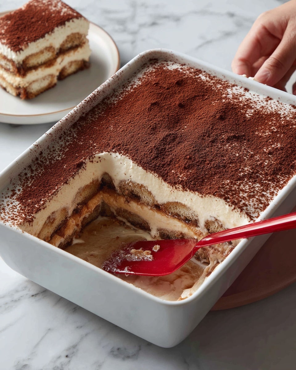 A white rectangular dish holds a partially eaten layered dessert, showing three layers: the top layer is a powdery dark brown cocoa or cinnamon dust, the middle layer is a creamy pale beige smooth filling, and the bottom layer is soaked cake or biscuit with a darker brown syrup seeping in. A red spatula rests inside the dish, its handle contrasting with the light interior. A woman’s hand supports the dish from below. Nearby, a white plate with a slice of the same dessert on a white marbled surface is visible. photo taken with an iphone --ar 4:5 --v 7