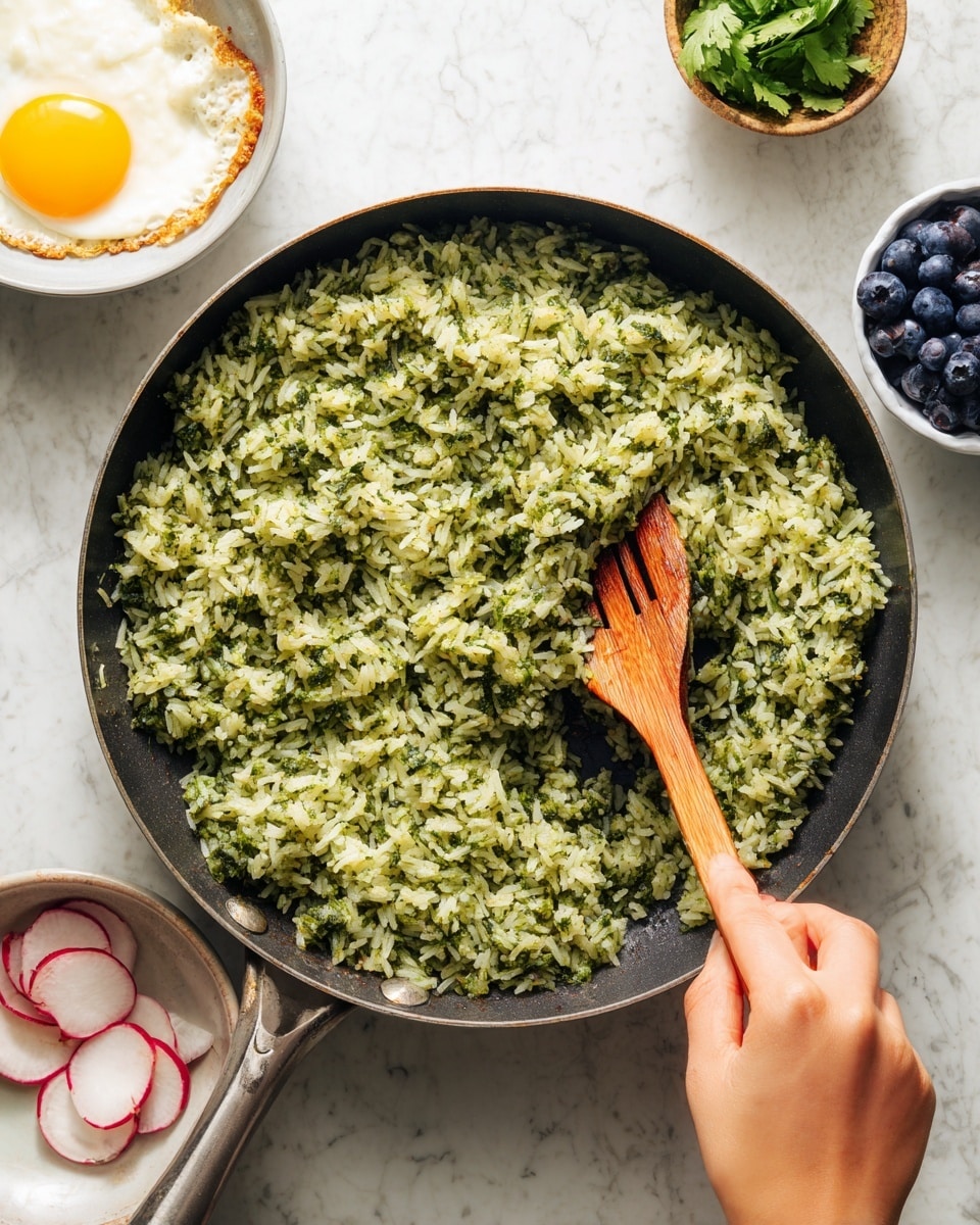 A large pan filled with green herb rice that looks fluffy and well cooked, with green flecks throughout each grain, covering one layer in the pan. A woman's hand is holding a light brown wooden spatula stirring the rice gently. Around the pan, there is a small white bowl with slices of radish and green cilantro, a white bowl holding a fried egg with a yellow yolk, and part of a white bowl with blueberries in the corner. The surface beneath everything is white with a marbled texture. photo taken with an iphone --ar 4:5 --v 7