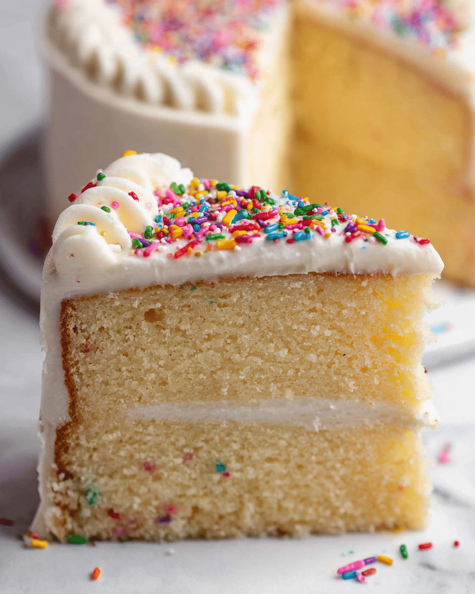A close-up view of a slice of two-layer yellow vanilla cake covered with smooth white frosting. Between the two layers is a thin layer of white frosting. The top of the cake slice has colorful rainbow sprinkles scattered in the center. In the background, part of the whole round cake is visible, also covered with white frosting and rainbow sprinkles. The cake sits on a white surface with a white marbled texture. Photo taken with an iphone --ar 4:5 --v 7