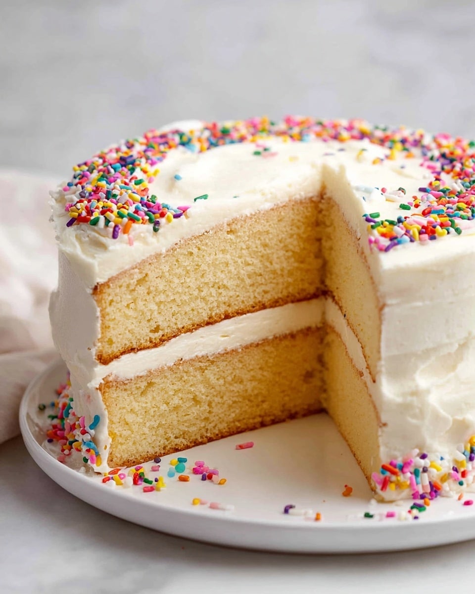 A two-layer vanilla cake with light golden sponge layers separated by a smooth white frosting layer in the middle, all covered in a thick white frosting that is slightly textured on the sides. The top layer is decorated with colorful rainbow sprinkles scattered evenly around the edges. Some sprinkles are also scattered on the white plate holding the cake. The cake is placed on a white marbled surface with soft natural lighting. photo taken with an iphone --ar 4:5 --v 7