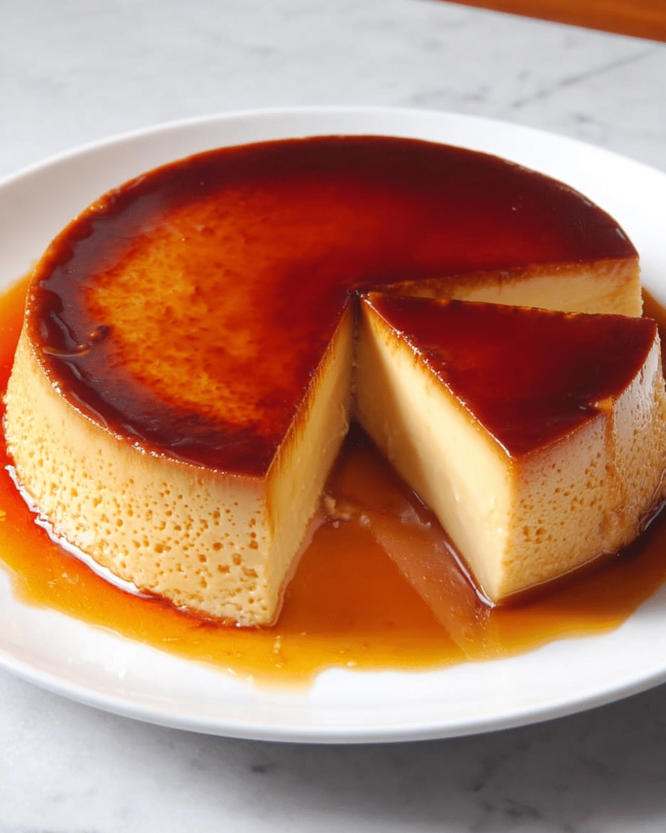 A round flan dessert sits on a white plate over a white marbled surface, with a slice cut out and slightly lifted. The flan has two visible layers: a smooth, shiny dark caramel layer on top that covers the entire surface, and a thick, creamy light yellow custard layer underneath that has a slightly bumpy texture on the sides. The caramel sauce glistens and pools gently around the base of the flan. Photo taken with an iphone --ar 4:5 --v 7