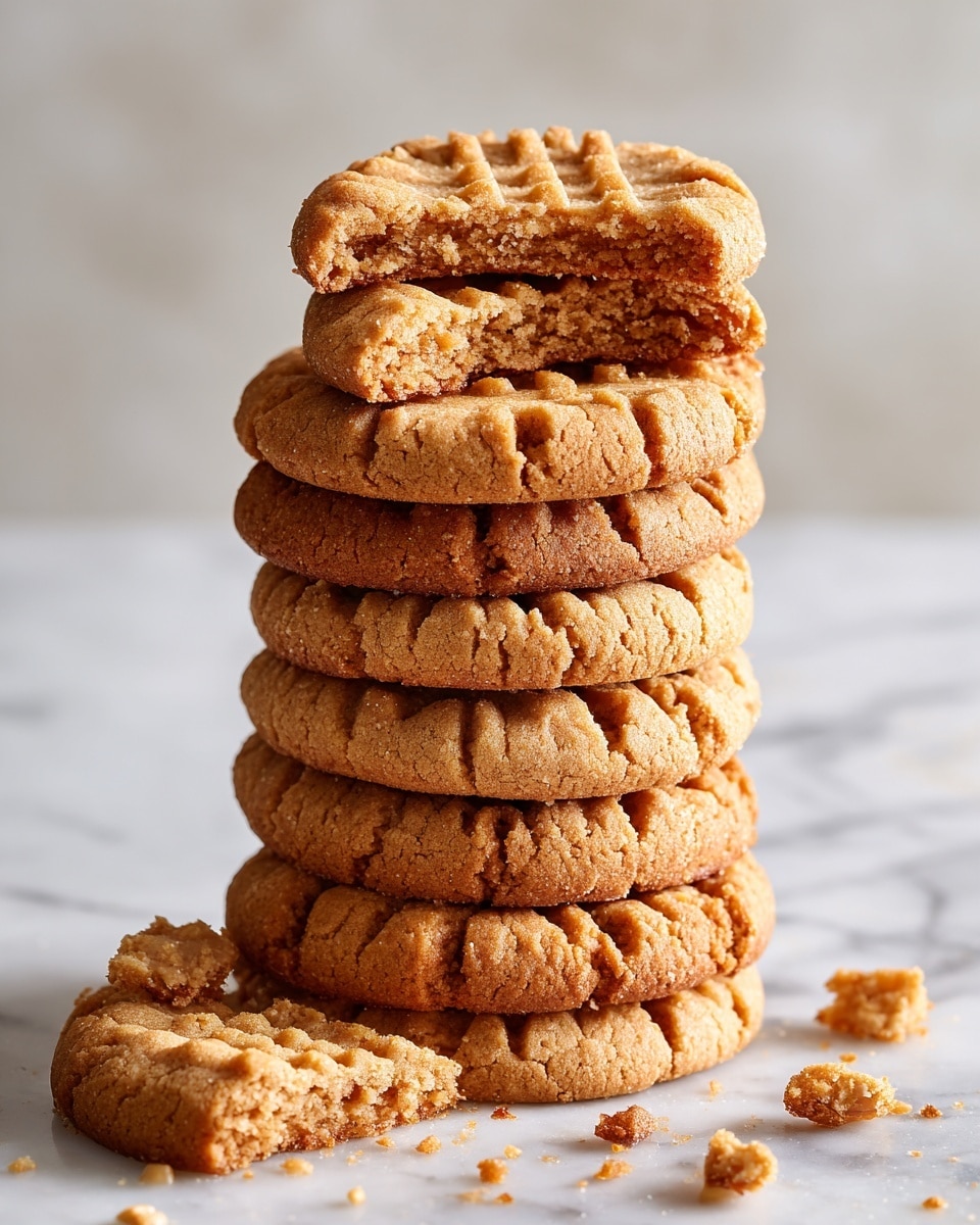 A tall stack of seven round peanut butter cookies sits on a white marbled surface, each cookie light brown with a slightly cracked texture and a crisscross fork pattern on top. The cookie at the top has a large bite taken out, showing a crumbly interior. Small cookie crumbs and broken pieces surround the base of the stack, adding a natural touch to the scene. photo taken with an iphone --ar 4:5 --v 7