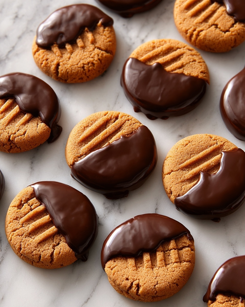 The image shows twelve round cookies arranged in a grid on a white marbled surface. Each cookie is partially dipped in smooth, dark brown chocolate, covering about half the cookie in a diagonal line that creates a clear half-and-half visual. The exposed side is light golden-brown with a slightly rough texture and a subtle crisscross pattern from pressing. The chocolate side is shiny and glossy, slightly dripping on some cookies, adding a rich, thick texture contrast. Photo taken with an iphone --ar 4:5 --v 7