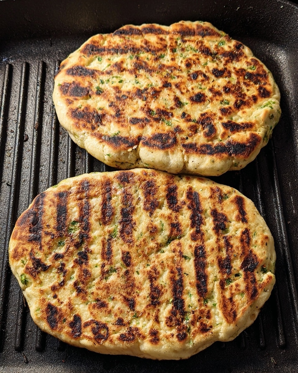 Two thick flatbreads are cooking on a grill pan, each showing clear dark brown grill marks evenly spaced across their golden-brown surface. The flatbreads have a slightly uneven shape with a soft, fluffy texture visible around the edges, which are light beige with hints of green herbs mixed inside. The grill pan is black with ridges, creating the distinct grilled pattern on the breads. The overall look is rustic and appetizing, with the flatbreads appearing warm and freshly cooked. photo taken with an iphone --ar 4:5 --v 7