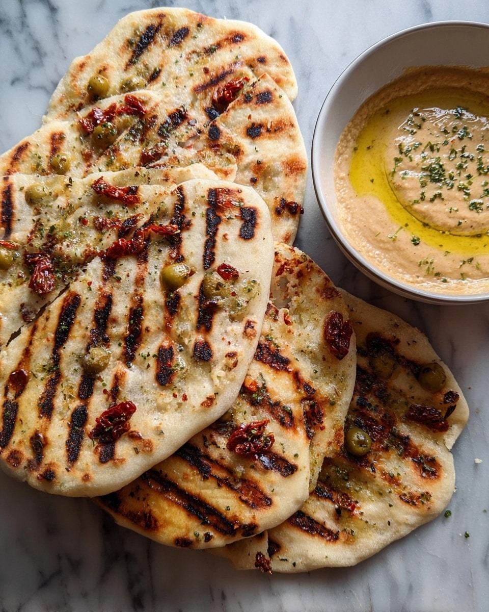 The image shows four pieces of grilled flatbread with visible grill marks and a mix of toppings like green olives, sun-dried tomatoes, and herbs, giving each flatbread a textured look with golden-brown spots and scattered bits of red and green. The flatbreads are slightly stacked on a white marbled surface, and next to them is a shallow white bowl filled with a creamy, light brown sauce that has a drizzle of olive oil and sprinkled herbs on top. The overall scene has a warm and inviting look with a clear focus on the crispy, flavorful flatbreads and rich sauce. Photo taken with an iphone --ar 4:5 --v 7