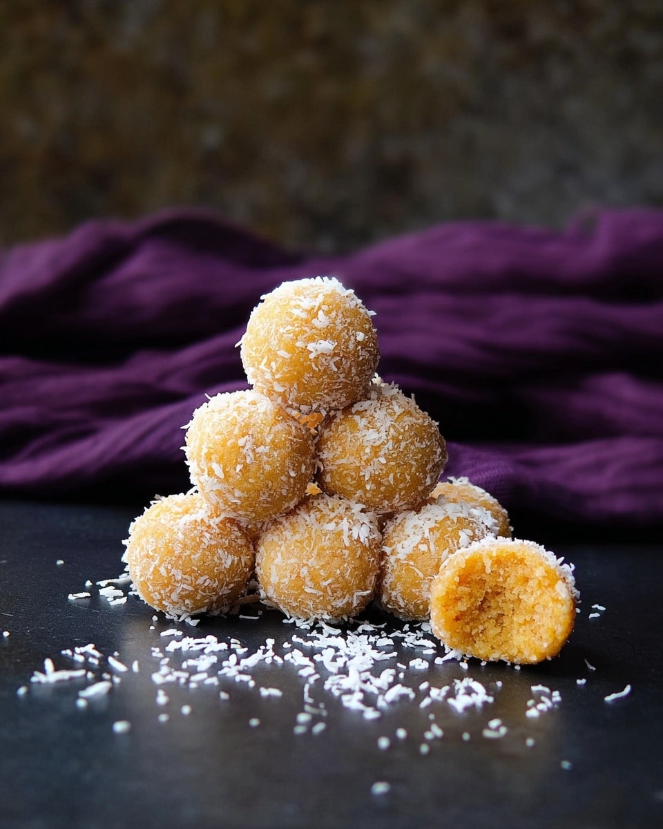 A small pile of round, golden-yellow balls coated in white shredded coconut is placed on a dark, flat surface. There are about ten balls stacked in a loose pyramid shape, with one ball broken open in front showing a dense, textured inside of slightly darker orange color. White coconut flakes are scattered lightly around the base of the pile, adding contrast to the dark surface. In the background, a soft dark purple cloth is gently folded to one side. The overall look is simple and inviting with a smooth and slightly grainy texture on the balls, all shown in natural light. photo taken with an iphone --ar 4:5 --v 7