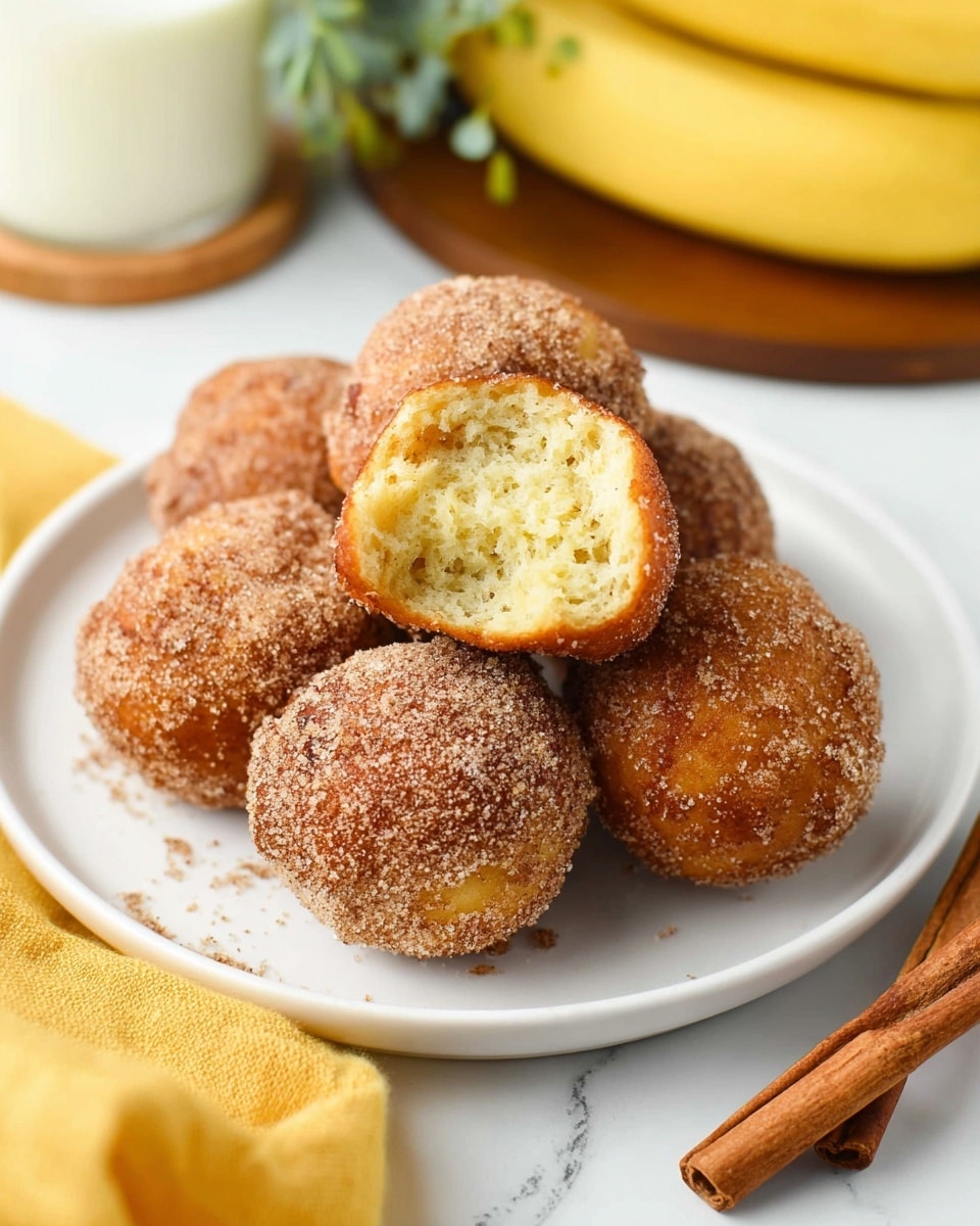 The image shows a white plate holding six round, golden brown doughnut holes covered in a coarse layer of cinnamon sugar. One doughnut hole is broken open and placed on top, revealing a soft, airy, light yellow inside with a slightly crumbly texture. The plate rests on a white marbled surface, with part of a yellow cloth visible in the foreground and cinnamon sticks nearby. The blurred background includes a banana and a glass of milk on a coaster. Photo taken with an iphone --ar 4:5 --v 7
