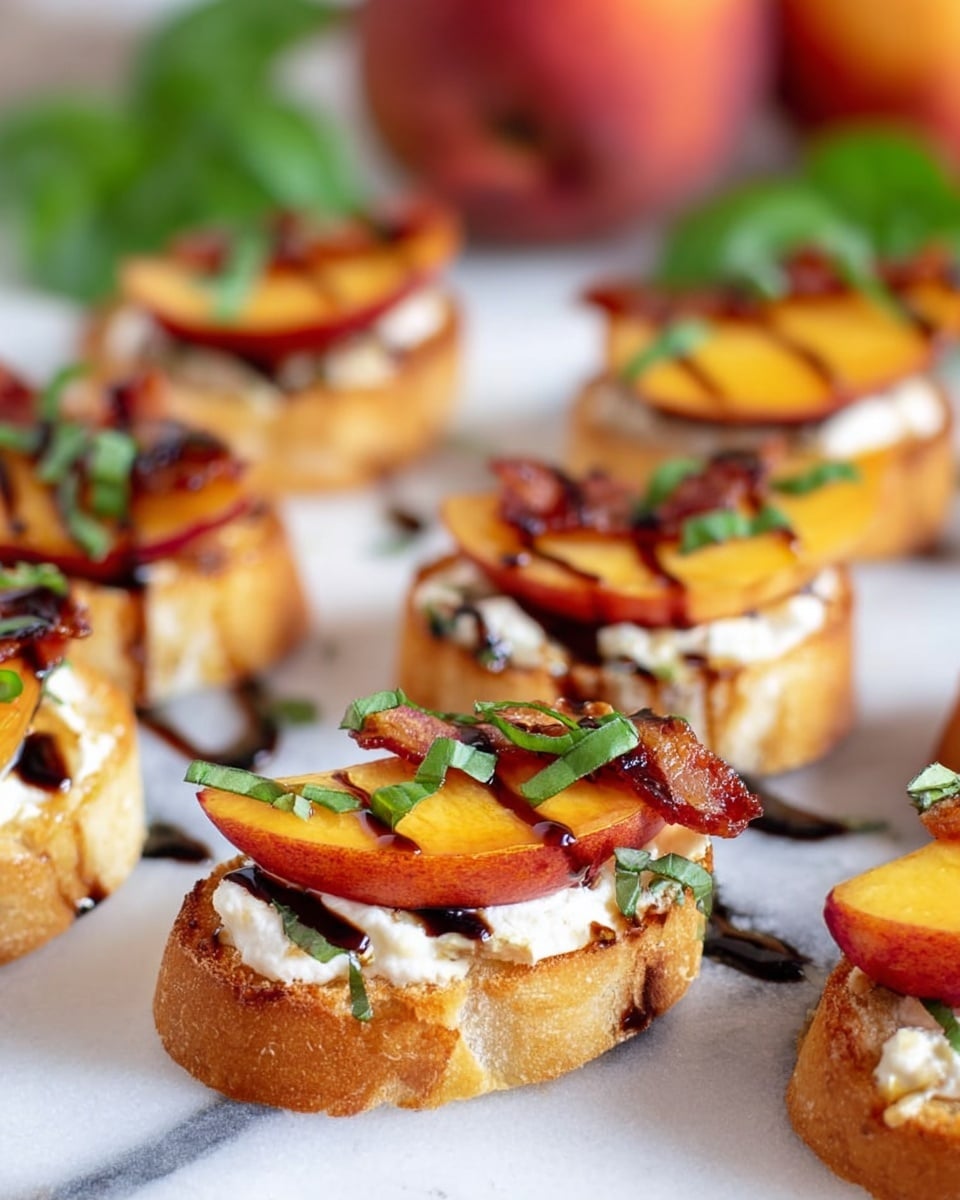 The image shows several small toasted bread rounds arranged in a line on a white marbled surface. Each bread round has three visible layers: a light brown crispy base, a white creamy layer of cheese spread on top, followed by thin, slightly curved peach slices with an orange-yellow color. Small dark red pieces, possibly crispy bacon, are scattered on top along with thin strips of green basil leaves. The entire dish is finished with a drizzle of dark balsamic glaze creating thin lines across the top of each toast. In the blurred background, there are whole peaches and green basil leaves visible. photo taken with an iphone --ar 4:5 --v 7