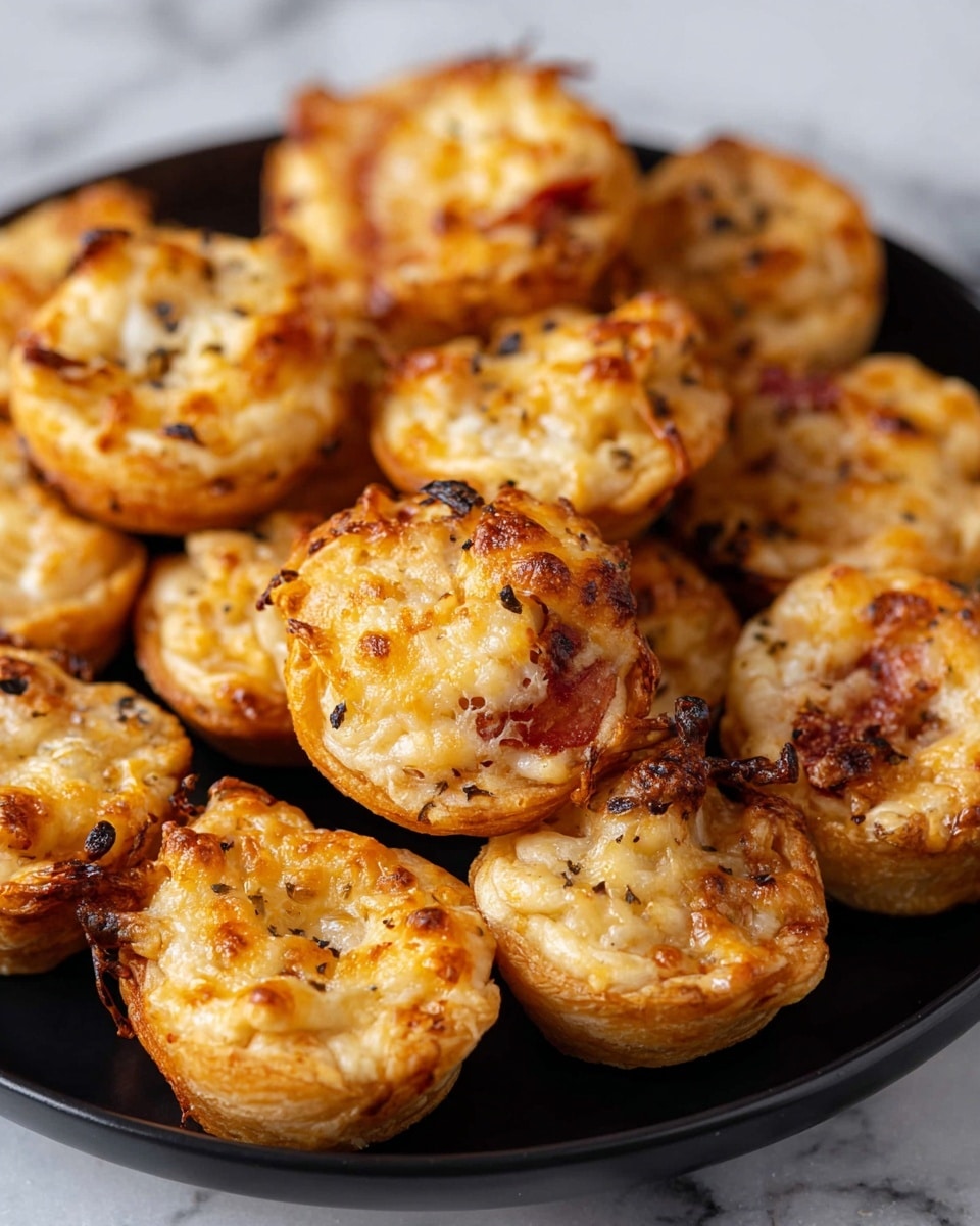 A close-up view of multiple small, round baked pastries arranged on a black plate, each with a golden brown, crispy outer layer and a bubbly melted cheese topping that is slightly browned in spots. The pastries have a flaky texture with various shades of light brown and hints of darker charred spots, showing a mix of soft and crunchy parts. The melted cheese appears creamy and unevenly spread over the top of each pastry, with some cheese slightly overflowing the edges and forming crispy strands. The black plate contrasts with the golden pastries, and the background is a white marbled texture. photo taken with an iphone --ar 4:5 --v 7