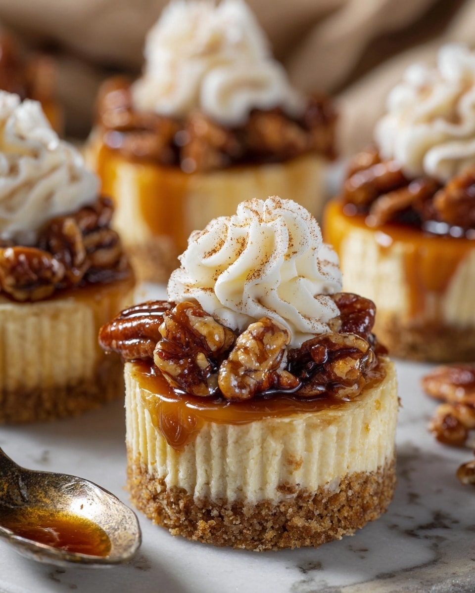 A close-up view of a single cupcake sitting on a white marbled surface, with the cupcake liner partially peeled back to show three clear layers: the bottom layer is a crumbly golden brown crust, the middle layer is a smooth beige cheesecake, and the top layer is a glossy dark caramel sauce with chunky pecan nuts piled high. Finishing the cupcake is a swirl of fluffy white whipped cream sprinkled with a light dusting of cinnamon, with several more similar cupcakes blurred in the background. A spoon with some caramel and pecans rests nearby. Photo taken with an iphone --ar 4:5 --v 7