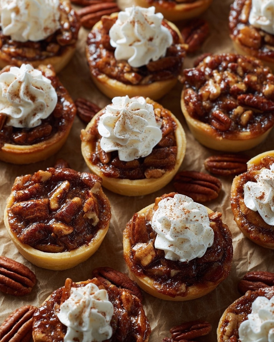The image shows many mini pecan tarts arranged closely together on a brown parchment-like surface. Each tart has a light yellow crust base, topped with a glossy, rich brown pecan filling that contains whole and chopped pecans. Some tarts have a swirl of white whipped cream on top, dusted lightly with cinnamon powder, while others show just the shiny pecan topping. Scattered pecans are visible around the tarts adding texture to the scene. The photo is bright and clear, focusing on the glossy pecan layer and the soft whipped cream details. photo taken with an iphone --ar 4:5 --v 7