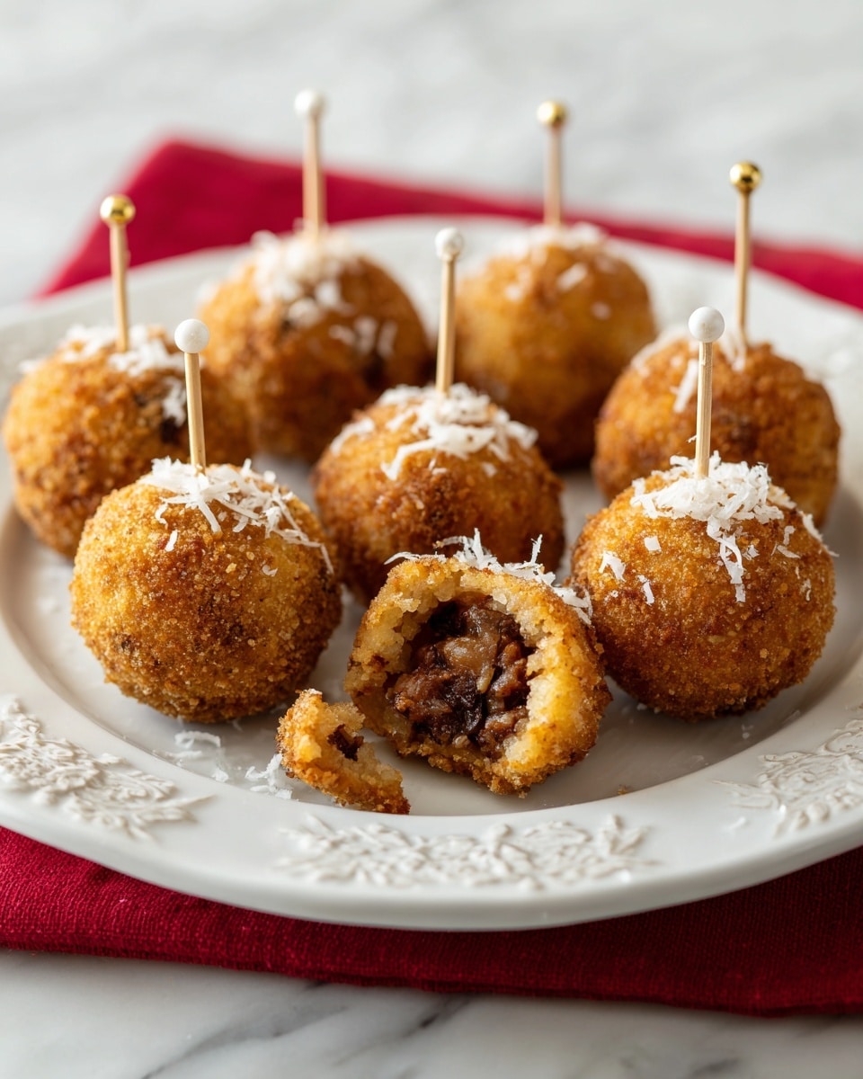 On a white plate with raised flower patterns along the rim, there are nine small round croquettes arranged mostly in a circle. Each croquette is golden brown and breaded with a crumbly, crunchy texture, sprinkled with thin white shreds on top. One croquette is broken open, showing a rich, dark brown filling with a glistening, slightly chunky texture inside, indicating a savory filling. Two croquettes have white sticks topped with small white beads piercing them. The plate is placed on a red cloth, all set against a white marbled surface. photo taken with an iphone --ar 4:5 --v 7
