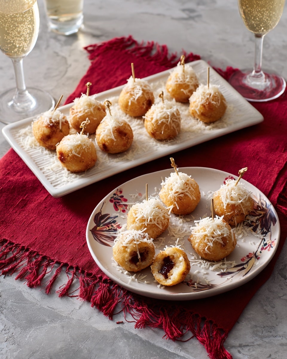 The image shows two white plates with a total of seventeen golden-brown, round appetizer balls topped with white shredded cheese. The top plate is rectangular with a slight texture, holding eight balls arranged in two rows, some skewered on decorative picks. The bottom plate is round with a floral pattern around the edge and holds nine balls, two of which are opened to reveal a dark filling. The plates lie on a red cloth with a fringe on a grayish surface, and two glasses of sparkling white wine are partially visible around the setup. Photo taken with an iphone --ar 4:5 --v 7