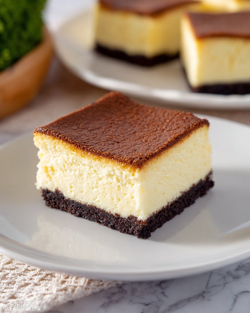 A square piece of cheesecake with three clear layers sits in the center of a white plate on a white marbled texture. The bottom layer is thin and dark brown with a crumbly texture, likely a cookie crust. The middle layer is thick, creamy, and light yellow in color, smooth and dense like classic cheesecake filling. The top layer is a darker brown with a smooth, slightly firm texture, covering the whole surface evenly. In the blurred background, more cheesecake pieces are visible on a white plate. Photo taken with an iphone --ar 4:5 --v 7